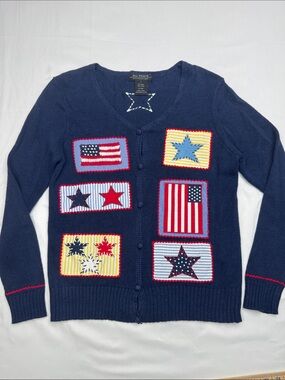 All POINTS Navy Patchwork Star & Flag Cardigan Sweater size s small teacher